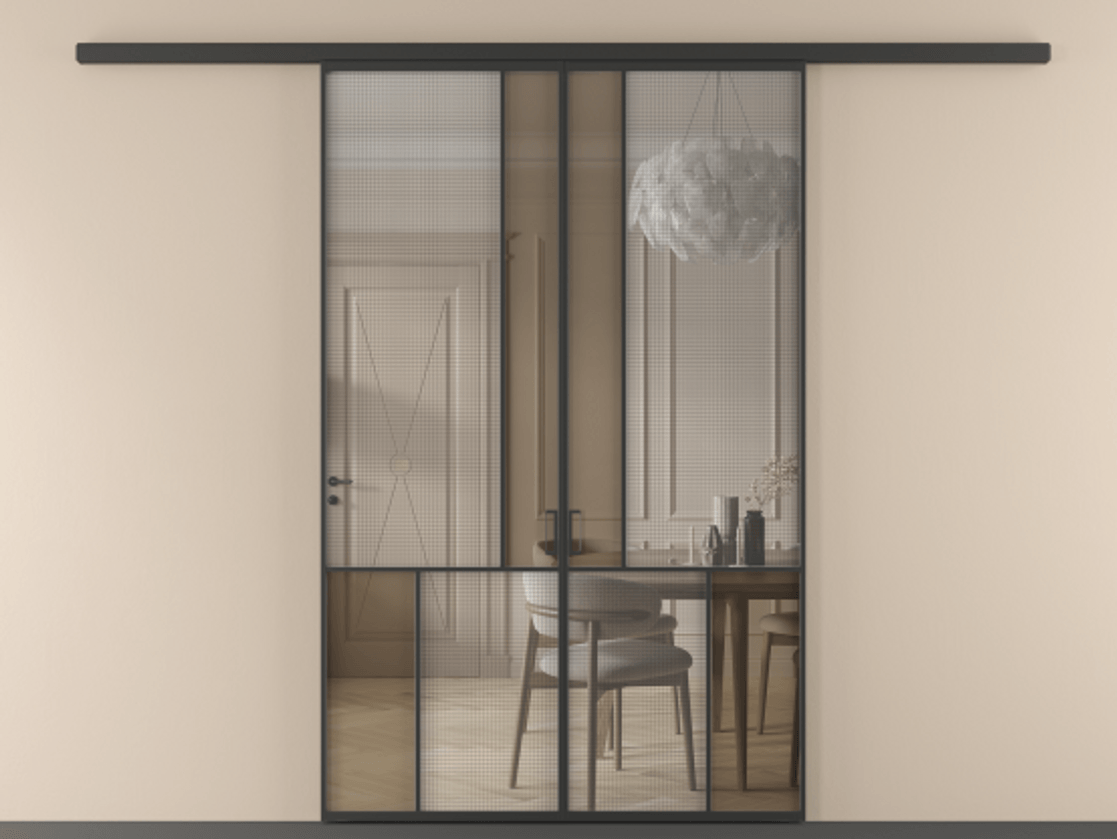 Перегородка Mosaic вдоль стены двустворчатая АЛПР 041.20 Алюминий Черный Mesh silver + Бронза прозрачное триплекс Цена 251560 ₽ | Volhovec