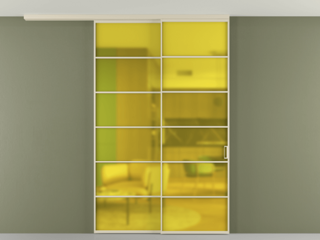 Перегородка Формато вдоль стены на потолок 2 створки с синхронным механизмом АЛПР 040.04 Алюминий бежево-серый Сатинированное жёлтое стекло, триплекс Цена 291704 ₽ | Volhovec