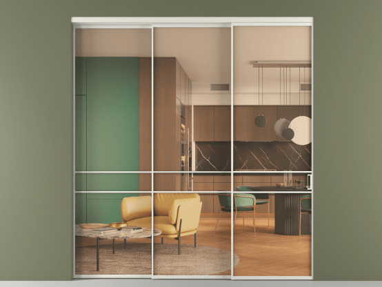 Алюминевая перегородка АЛПР 040.02_БЕЛ_ПРОЗ ОРАНЖ_new. Цвет Алюминий Белый. Материал Алюминий. Коллекция Перегородка Формато внутри проёма 3 створки с синхронным механизмом. Картинка.