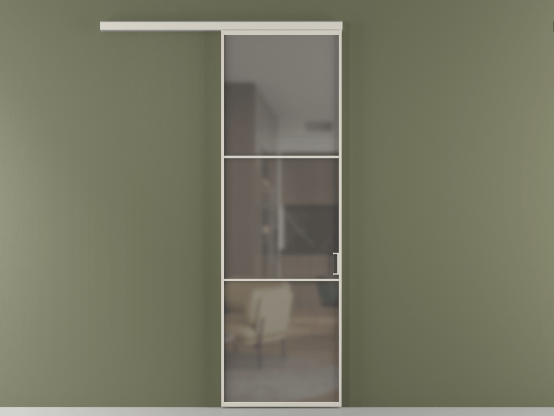 Алюминевая перегородка АЛПР 040.03_АОС_Серый сатин триплекс_new. Цвет Алюминий облачно-серый. Материал Алюминий в эмали. Коллекция Перегородка Формато вдоль стены 1 створка. Картинка.