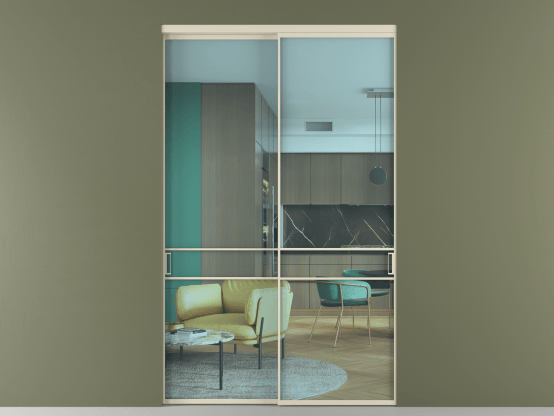 Алюминевая перегородка vn2_02_ Алюминий бежево-серый Прозрачное голубое стекло, триплекс, 6мм. Цвет Алюминий бежево-серый. Материал Алюминий в эмали. Коллекция Перегородка Формато внутри проёма 2 створки. Картинка.