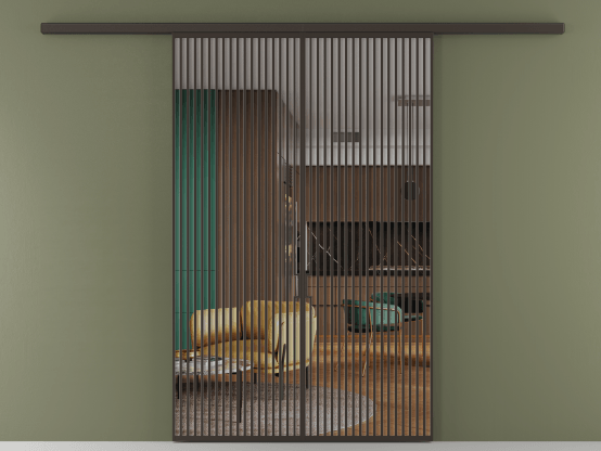 Алюминевая перегородка АЛПР 040.06_ААН_Crystalvision_new. Цвет Алюминий антрацит. Материал Алюминий в эмали. Коллекция Перегородка Формато вдоль стены 2 створки. Картинка.